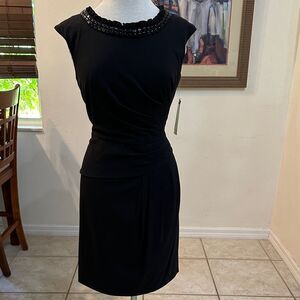 NWT Adrianna Papell Elegant Black Beaded/Ruffle Cap Sleeve Women's Dress Size 8